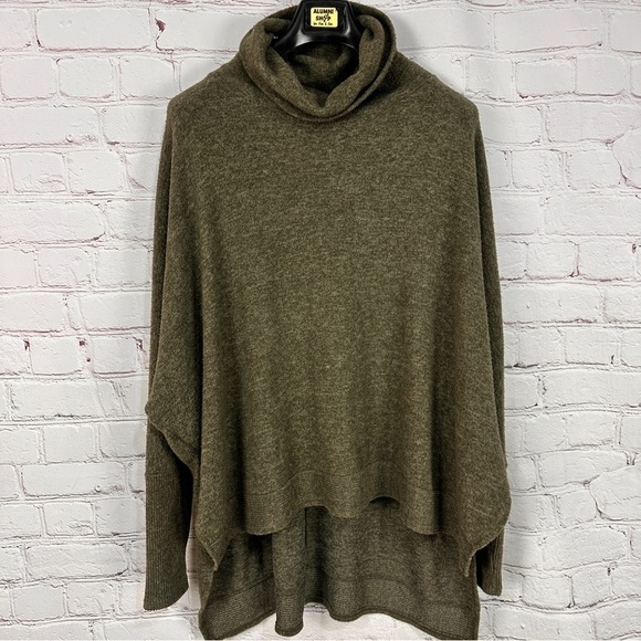 Oversized Sweater Women size Large Olive Green Turtleneck Hi Low hem Loose Fit - Picture 2 of 12